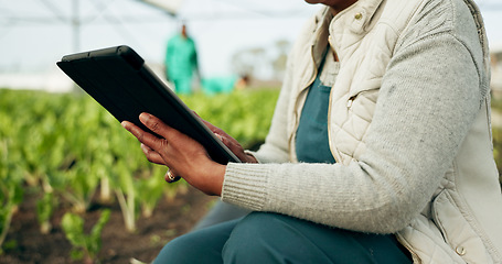 Image showing Closeup, hand and farmer with tablet in greenhouse for checking of inventory with plants for harvest. Person, agribusiness and technology for report, quality control and fresh produce for inspection