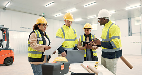 Image showing Engineering meeting, people teamwork and laptop for blueprint, online construction and design in warehouse. Industrial manager on computer, floor plan documents and project management of architecture