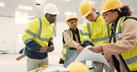 Image showing Engineering, people planning and teamwork with blueprint, construction site and building design in warehouse. Industrial group talking of floor plan, project management and architecture documents