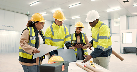 Image showing Engineering group, blueprint planning and tablet at construction site, warehouse or design development, Industry people talking of floor plan on laptop, digital technology and architecture renovation