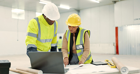 Image showing Engineering people, blueprint planning and teamwork at construction site, warehouse and laptop design. Industry manager talking of floor plan development, building solution or architecture renovation