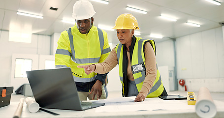 Image showing Engineering people, teamwork and laptop for construction site planning, floor plan and building design in warehouse. Industry man and senior woman with computer for architecture or blueprint solution