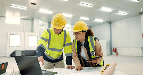 Image showing Architecture people, teamwork and laptop for construction site planning, floor plan and building design in warehouse. Industry worker and manager on tablet and computer for engineering and blueprint