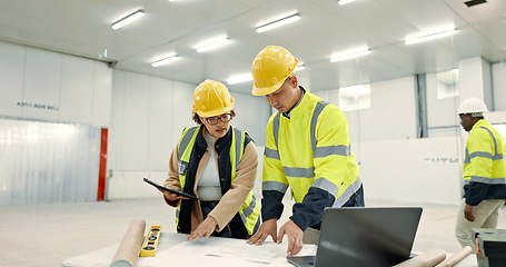 Image showing Engineering people, teamwork and blueprint for construction site planning, building design and tablet in warehouse. Industrial worker and manager with digital technology, floor plan and architecture