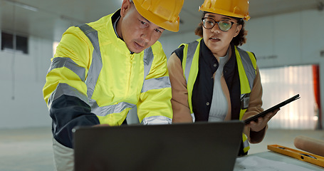 Image showing Engineer team, laptop and factory people cooperation on manufacturing design, online research or planning construction. Communication, reading and partner review warehouse plan, strategy or project