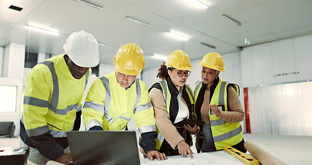 Image showing Construction, laptop and people in meeting for planning, maintenance and renovation in building. Architecture, engineering and men and women on computer for inspection, online design and project