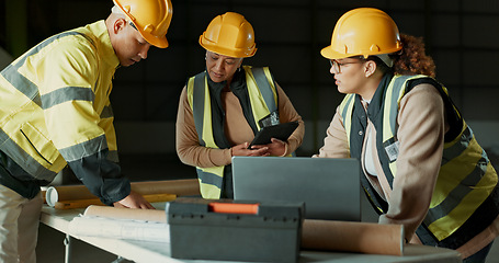 Image showing Engineer, blueprint and factory people, architect or team cooperation on floor plan, renovation or planning construction. Industrial architecture, reading design and group review warehouse schematic