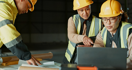 Image showing Architect team, laptop and factory people cooperation on manufacturing design, online engineering or construction. Computer, group and collaboration on warehouse plant, architecture plan or project