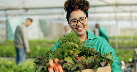 Image showing Farmer, woman and vegetables basket in greenhouse, agriculture and sustainability with farming portrait. Young african worker with groceries box, green product harvest and gardening for healthy food