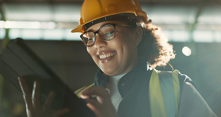 Image showing Happy woman, architect and tablet in warehouse for inspection, inventory or storage. Face of female person, engineer or contractor smile on technology for quality control, communication or management