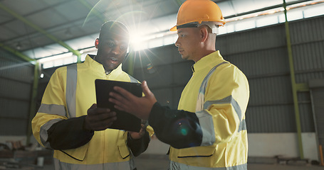 Image showing Man, team and tablet at warehouse for engineering, research or planning storage in construction. Male person, engineer or contractor working on project plan or maintenance in teamwork with technology