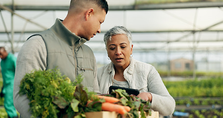 Image showing Mature woman, greenhouse and talking with working and agriculture work with a smile of farmer. Sustainability, plants and garden soil with agro career and farming with produce and growth inspection