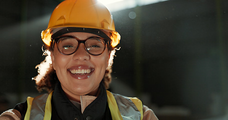 Image showing Engineer woman, smile and portrait in warehouse for logistics, supply chain or commerce at plant. Employee, helmet and happy in reflective gear with safety at shipping workshop, factory or storage