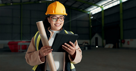 Image showing Architect, tablet and warehouse woman, happy engineer or construction worker smile for online design, maintenance or engineering. Industrial service, happiness and reading factory renovation feedback