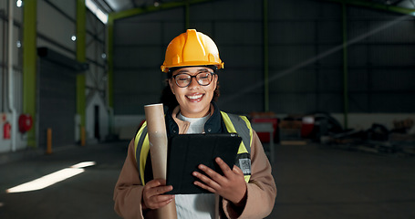 Image showing Architect, tablet or factory woman, happy engineer and smile for construction design, maintenance or engineering illustration. Architecture industry, PPE or person reading warehouse renovation review