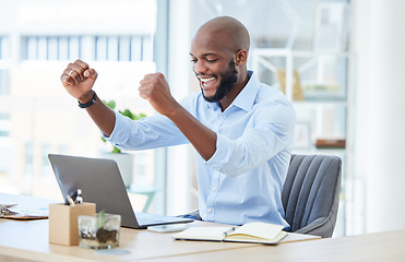 Image showing Celebrating, cheering and success with a young business woman working on a laptop and closing a deal. Wow, winner and motivation with a male businessman trading crypto on the stock market and winning