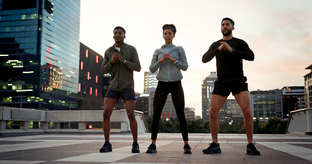 Image showing People, fitness and outdoor in city, workout and evening for exercise, group and strong. Training, cardio or sportswear for athlete, town or sports strength, men or woman for active, squat or muscle
