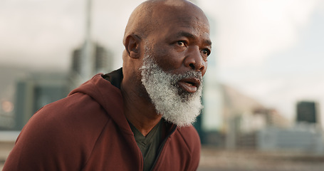 Image showing Breathing, break and tired senior man in city for fitness training, cardio or intense run. Sports, fatigue or elderly male runner stop to breathe after running, exercise or sweating after workout