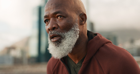 Image showing Senior fitness, breathing and tired man in city for training, cardio or intense run outdoor. Sports, fatigue or elderly male runner stop to breath after running, exercise or marathon practice workout