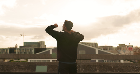 Image showing Man, runner and smart watch on bridge for exercise time, fitness progress or training goal. Male person, athlete or hand wrist clock for tracking growth for workout in morning, steps in city street