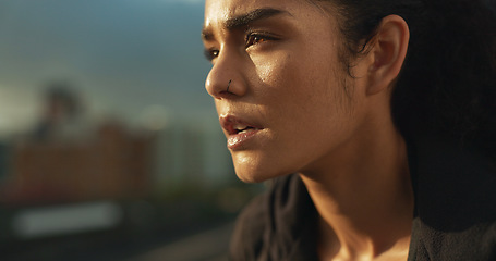 Image showing Woman, athlete and thinking outdoor for fitness, exercise or wellness with determination or thoughtful. Runner, person and mindfulness for workout, training and healthy body with sportswear in town