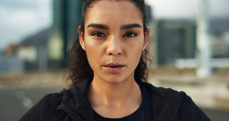 Image showing Fitness, city portrait and woman breathing, relax and ready for outdoor cardio, workout commitment or morning sports run. Sweaty face, road and active athlete, runner or jogger for training challenge