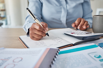 Image showing Accounting, bank payment and payroll with a finance manager, accountant or business woman using a calculator in her office. Debt, tax and writing in a notebook for banking with a female accountant