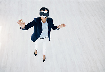 Image showing Business woman, vr headset and future game with professional in office with innovation and mockup. Virtual reality glasses, female employee and above view with ai, 3d and platform for testing