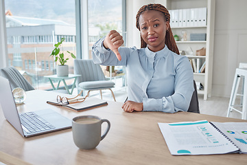 Image showing Thumbs down, negative and fail with a business woman denying, declining or rejecting an application in her office at work. Fired, unemployment and job loss with a female leader delivering bad news