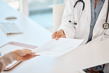 Image showing Healthcare, medicine and prescription medication with a doctor and patient in a consult during an appointment. Medical aid or care, insurance and history or background of illness in a hospital