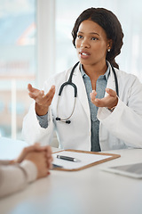 Image showing Doctor consulting, explaining diagnosis and medical checkup with patient in a clinic. Trusted healthcare worker, physician and gp screening, talking and discussing medicine, health and test feedback