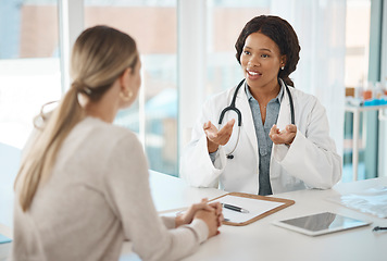 Image showing Doctor appointment, consulting and talking with patient about their test results at the hospital. GP, healthcare worker or medical specialist discussing process of procedure or treatment plan.