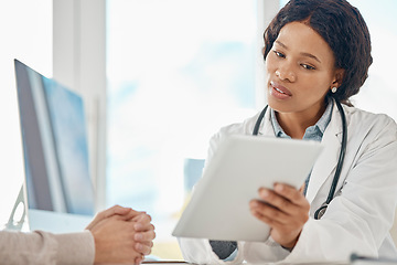 Image showing Tablet test results, doctor and patient talking in medical consultation, checkup and visit in clinic, hospital and healthcare center. Gp discussing treatment options and medicine side effects on tech