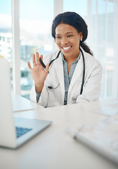 Image showing Online consult, remote appointment and waving with a female doctor discussing treatment and care with a laptop in her office. Healthcare, medicine and advice with a friendly medical practitioner