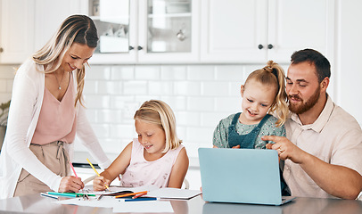 Image showing Mother and father helping daughters with homework together in the kitchen of a happy family house. Mom, dad and education writing with kids using teamwork. Smile, parents and school children studying