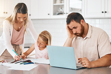 Image showing Student writing homework in book with mother, people looking stressed working on tech laptop and family suffering with quarantine stress. Parent teaching girl education and man sitting with headache