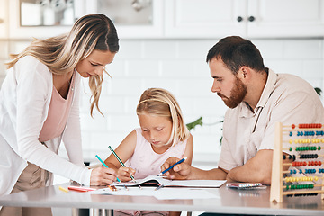 Image showing Family doing school work with a child, doing homework together and completing education at home. Little girl working on class task with mom and dad, writing notes in book and drawing picture