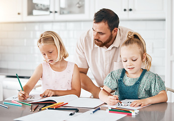 Image showing Education, learning and homework with a little girl, her sister and her dad drawing, writing or coloring in the kitchen at home. Single father helping, assist and teaching his daughters about school