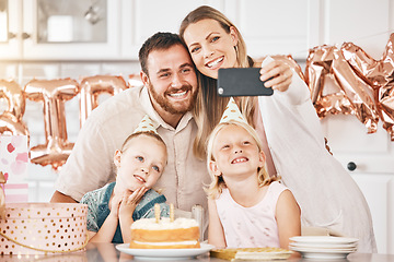 Image showing Celebrating happy birthday, party and a selfie as a family together at home. Loving parents and cheerful little kids smiling for joyful photo, bonding memories and special surprise celebration