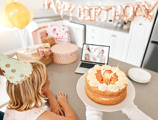 Image showing Birthday party during covid, video call and celebration with friends and family on Zoom. Girl having a internet, cyber or virtual social distancing gathering with cake and presents during pandemic