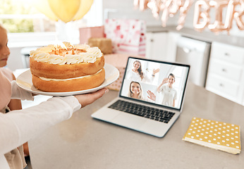 Image showing Family, birthday party and a laptop video call, zoom and online celebration in lockdown, quarantine and social distancing. Children and distant friends celebrating event with cake and dessert at home