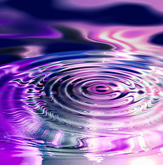 Image showing Closeup of purple psychedelic water ripple with vibrant oil, gasoline or petroleum pattern. Texture detail of fresh, colourful effect from raindrop, puddle splash or hypnotic view of liquid in motion