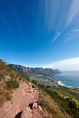 Image showing Mountain trails on Lions Head and Table Mountain in a National Park in Cape Town. A scenic view of a walking path in nature next to greenery and plants against a blue sky with copy space in summer