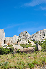 Image showing Copy space with rocks and boulders in rough hiking terrain with blue sky and copyspace. Lush green grass, wild shrubs and flora growing among stone monolith in a quiet nature reserve or countryside