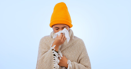 Image showing Sinusitis, virus and sick woman with tissue in studio, background and blowing nose with flu or healthcare. Bacteria, sinus infection or person care for wellness, illness and hayfever allergies