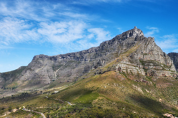 Image showing Copyspace landscape view of Table Mountain in Cape Town, South Africa. Beautiful scenic popular natural landmark and tourist attraction for hiking and adventure while on a getaway vacation in nature