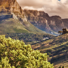 Image showing Beautiful panorama of Table Mountain in Cape Town on a sunny day with copy space. Banner of a bright morning and vibrant nature in South Africa with serene harmony and peaceful landscape views