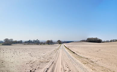 Image showing A desolate agricultural farmland caused by summer heat droughts and impact on agriculture industry. Open and empty dry sand. Sandy and barren land with trees in the distance and blue sky background.