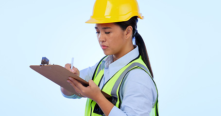 Image showing Woman, inspector and checklist or clipboard for construction, development and studio by blue background. Asian female, architecture and planning for real estate, maintenance and write in mockup