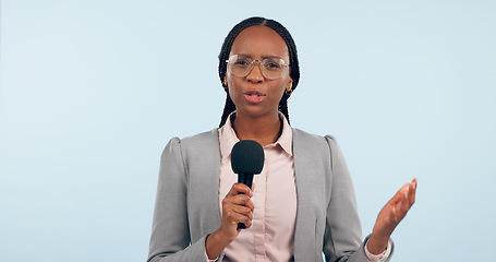 Image showing News reporter woman, microphone and studio portrait for speech, presentation or info by blue background. African journalist girl, mic and presenter with talk for update, global broadcast or tv show